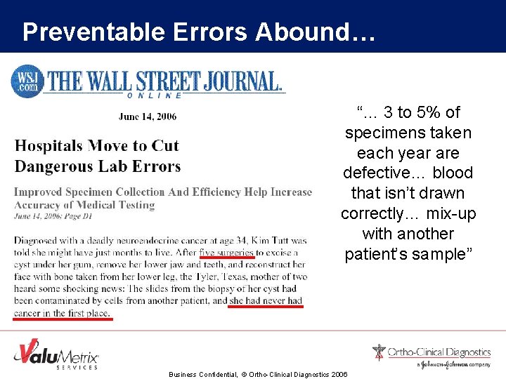 Preventable Errors Abound… “… 3 to 5% of specimens taken each year are defective…