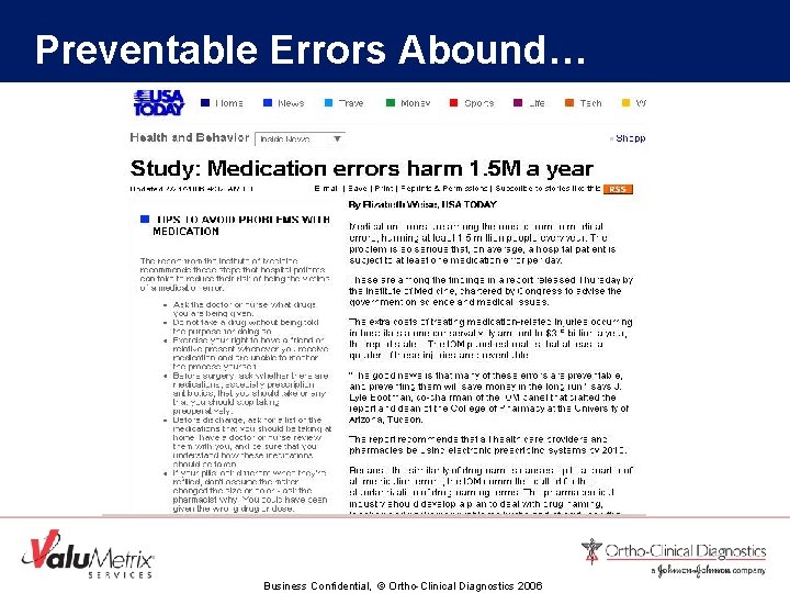 Preventable Errors Abound… Business Confidential, © Ortho-Clinical Diagnostics 2006 
