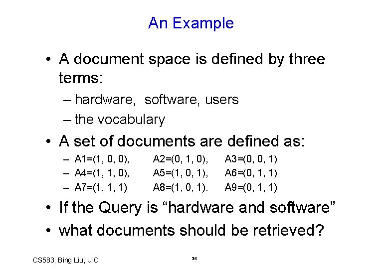 An Example • A document space is defined by three terms: – hardware, software,