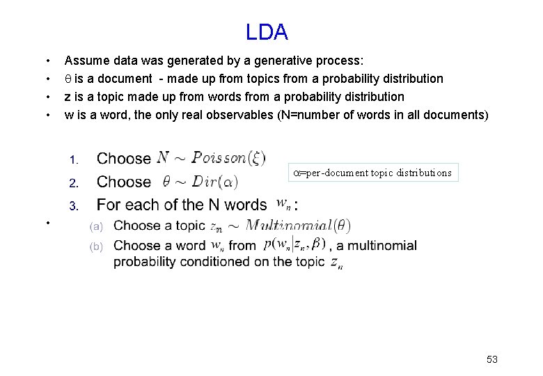 LDA • • Assume data was generated by a generative process: q is a