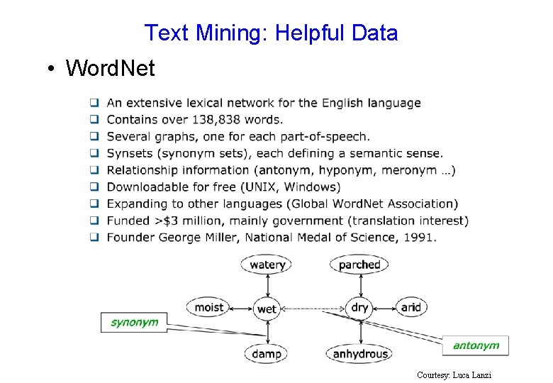 Text Mining: Helpful Data • Word. Net Courtesy: Luca Lanzi 58 