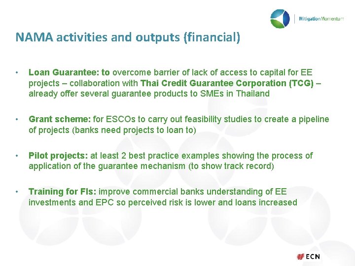 NAMA activities and outputs (financial) • Loan Guarantee: to overcome barrier of lack of