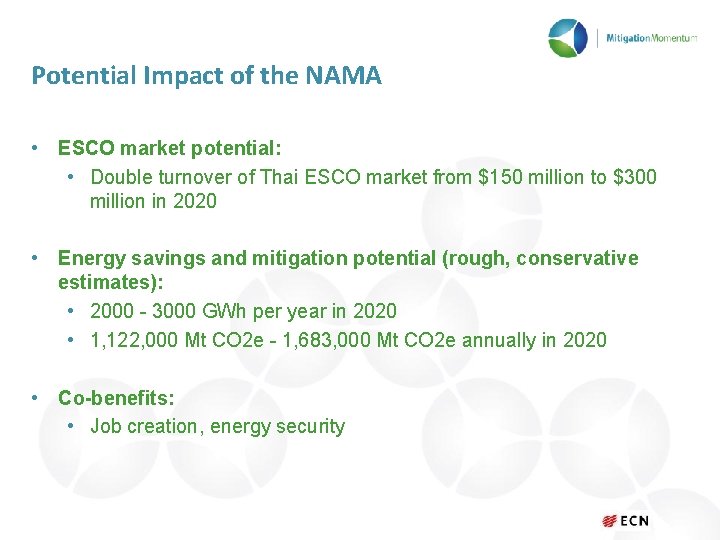 Potential Impact of the NAMA • ESCO market potential: • Double turnover of Thai