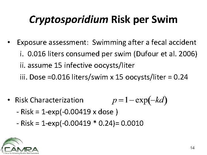 Cryptosporidium Risk per Swim • Exposure assessment: Swimming after a fecal accident i. 0.