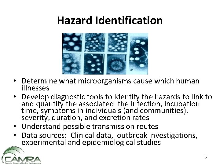 Hazard Identification • Determine what microorganisms cause which human illnesses • Develop diagnostic tools