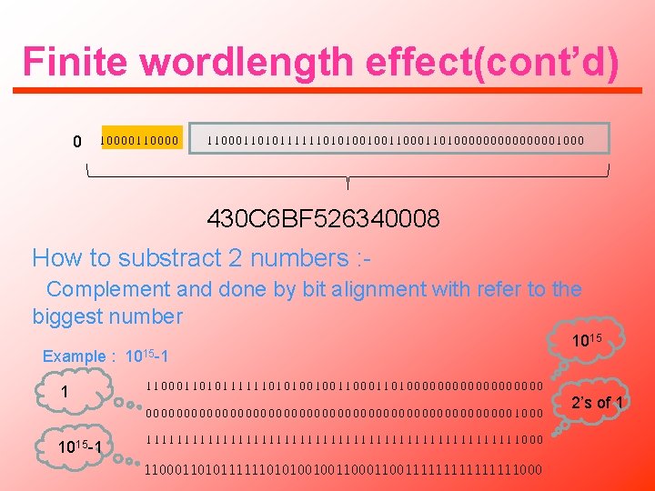 Finite wordlength effect(cont’d) 0 10000110000 1100011010111111010100100110100000001000 430 C 6 BF 526340008 How to substract