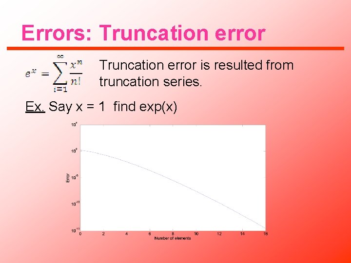 Errors: Truncation error is resulted from truncation series. Ex. Say x = 1 find