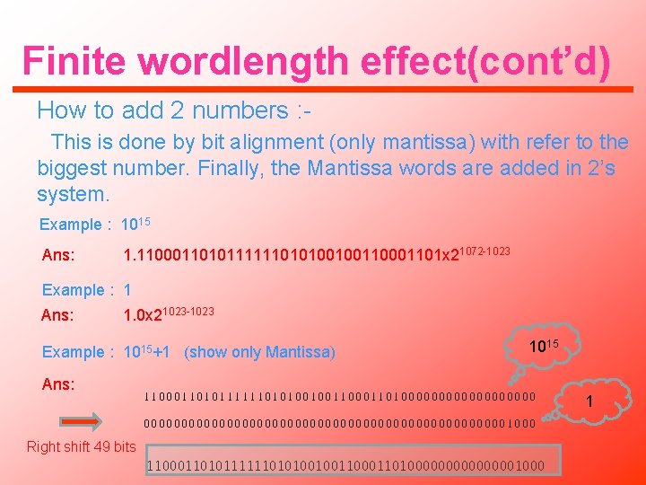 Finite wordlength effect(cont’d) How to add 2 numbers : This is done by bit