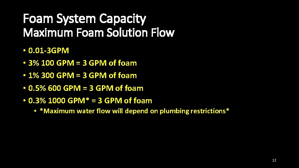 Foam System Capacity Maximum Foam Solution Flow • 0. 01 -3 GPM • 3% Foam System Capacity Maximum Foam Solution Flow • 0. 01 -3 GPM • 3%