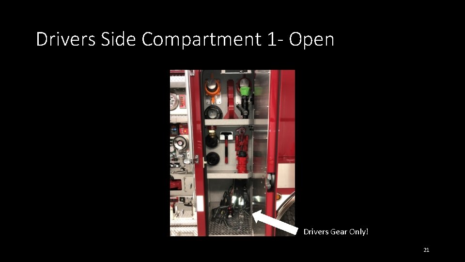 Drivers Side Compartment 1 - Open Drivers Gear Only! 21 Drivers Side Compartment 1 - Open Drivers Gear Only! 21