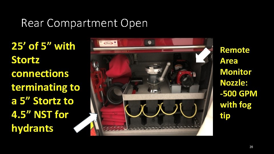 Rear Compartment Open 25’ of 5” with Stortz connections terminating to a 5” Stortz Rear Compartment Open 25’ of 5” with Stortz connections terminating to a 5” Stortz