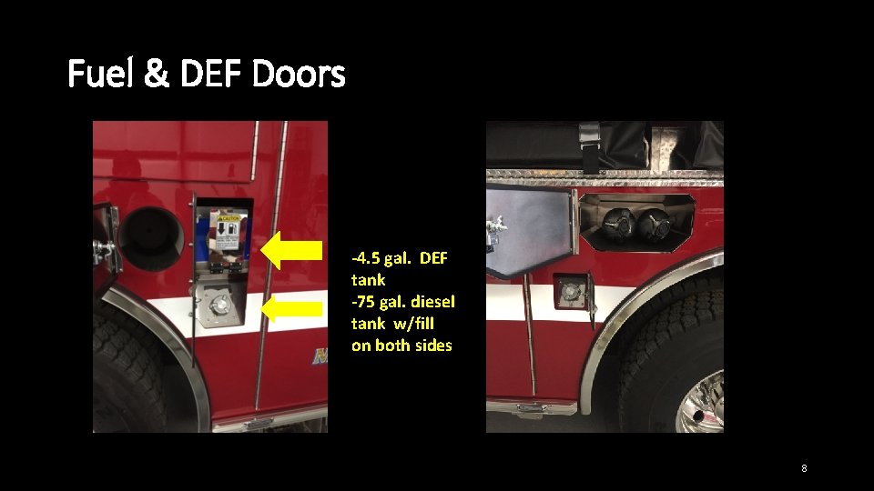Fuel & DEF Doors -4. 5 gal. DEF tank -75 gal. diesel tank w/fill Fuel & DEF Doors -4. 5 gal. DEF tank -75 gal. diesel tank w/fill