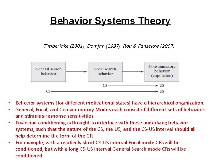 Behavior Systems Theory Timberlake (2001), Domjan (1997), Rau & Fanselow (2007) • Behavior systems