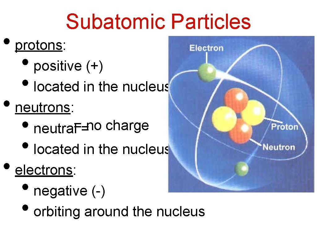 Subatomic Particles • protons: • positive (+) • located in the nucleus • neutrons: