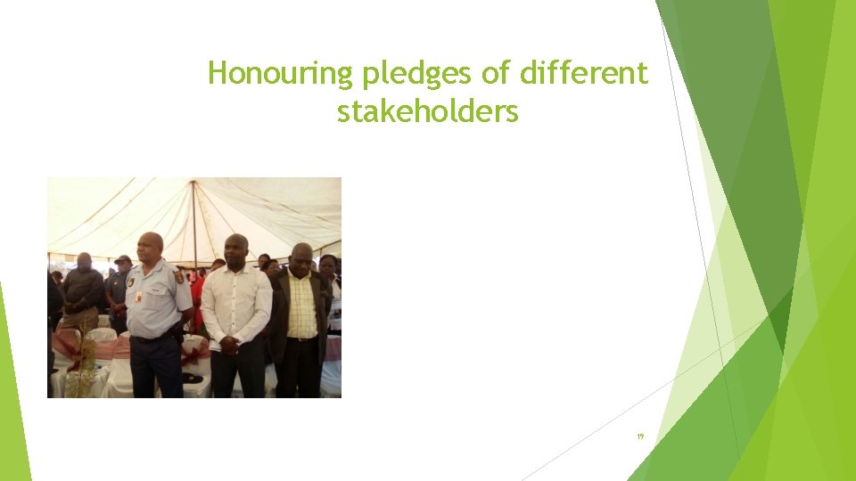Honouring pledges of different stakeholders 19 Honouring pledges of different stakeholders 19