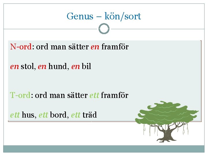 Genus – kön/sort N-ord: ord man sätter en framför en stol, en hund, en