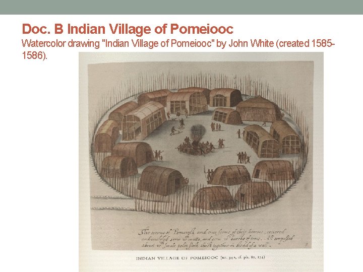 Doc. B Indian Village of Pomeiooc Watercolor drawing "Indian Village of Pomeiooc" by John
