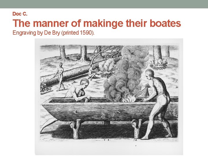 Doc C. The manner of makinge their boates Engraving by De Bry (printed 1590).