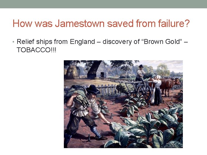 How was Jamestown saved from failure? • Relief ships from England – discovery of