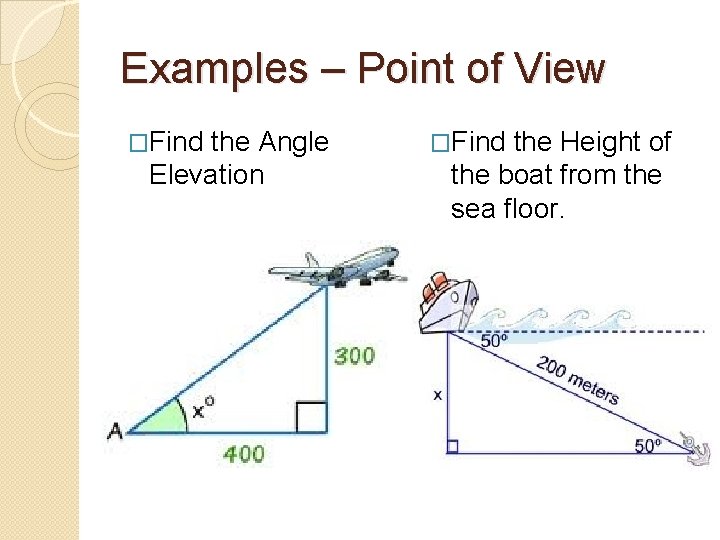 Examples – Point of View �Find the Angle Elevation �Find the Height of the