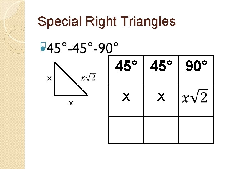 Special Right Triangles � 45° 90° x x 