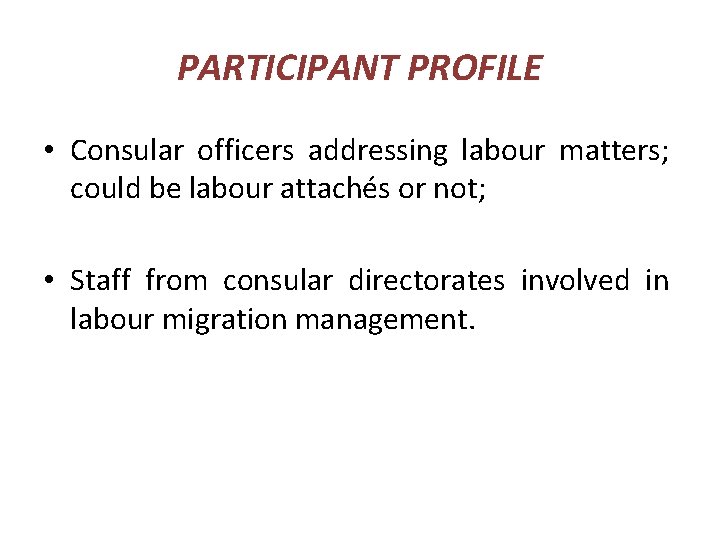 PARTICIPANT PROFILE • Consular officers addressing labour matters; could be labour attachés or not;