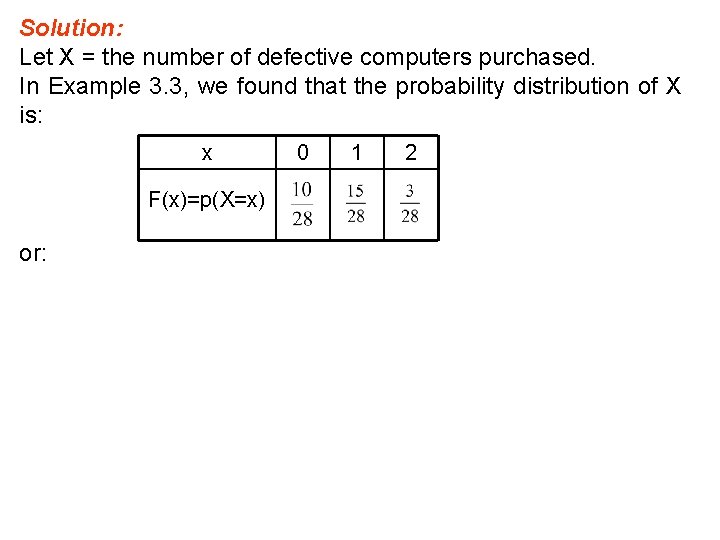 Solution: Let X = the number of defective computers purchased. In Example 3. 3,