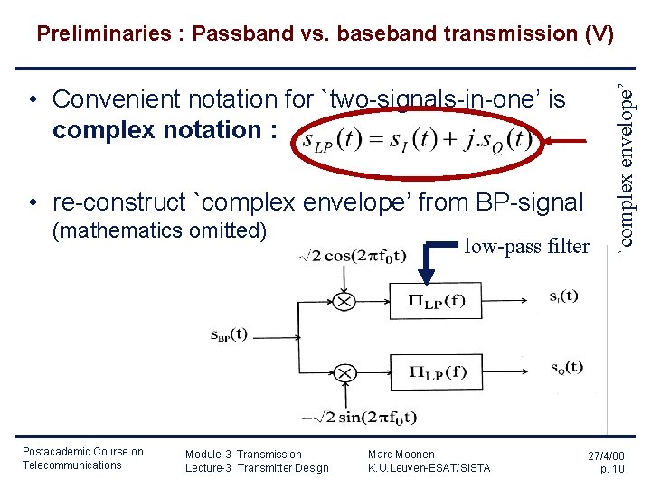 • Convenient notation for `two-signals-in-one’ is complex notation : • re-construct `complex envelope’ • Convenient notation for `two-signals-in-one’ is complex notation : • re-construct `complex envelope’