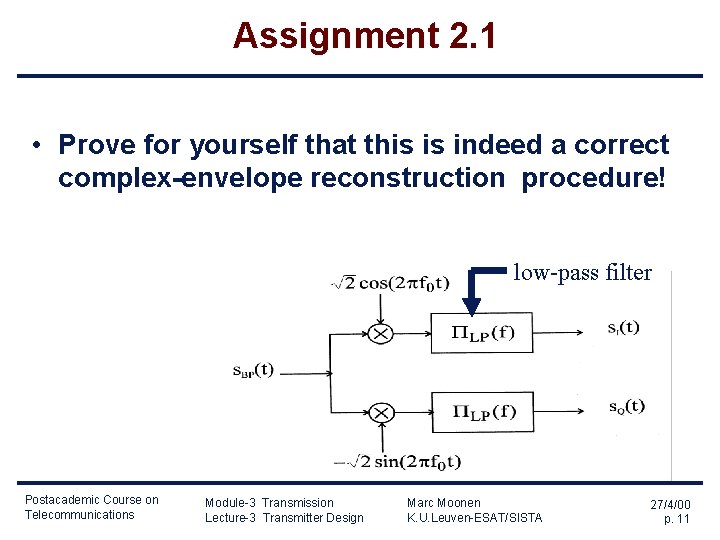 Assignment 2. 1 • Prove for yourself that this is indeed a correct complex-envelope Assignment 2. 1 • Prove for yourself that this is indeed a correct complex-envelope