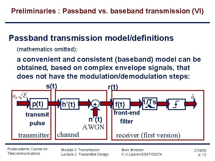 Preliminaries : Passband vs. baseband transmission (VI) Passband transmission model/definitions (mathematics omitted): a convenient Preliminaries : Passband vs. baseband transmission (VI) Passband transmission model/definitions (mathematics omitted): a convenient