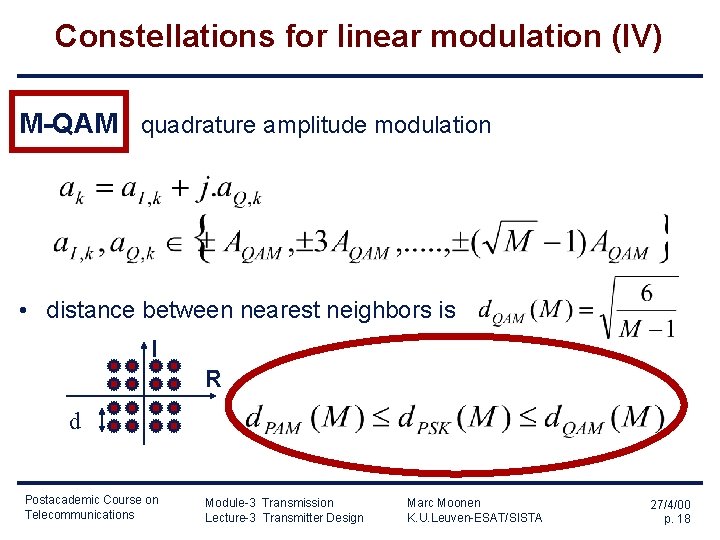 Constellations for linear modulation (IV) M-QAM quadrature amplitude modulation • distance between nearest neighbors Constellations for linear modulation (IV) M-QAM quadrature amplitude modulation • distance between nearest neighbors