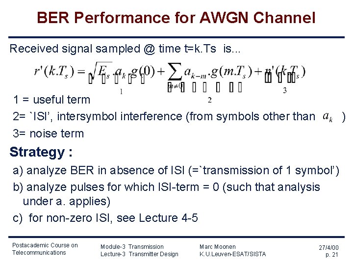 BER Performance for AWGN Channel Received signal sampled @ time t=k. Ts is. . BER Performance for AWGN Channel Received signal sampled @ time t=k. Ts is. .