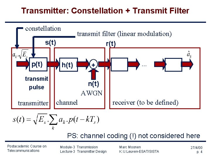 Transmitter: Constellation + Transmit Filter constellation transmit filter (linear modulation) r(t) s(t) p(t) h(t) Transmitter: Constellation + Transmit Filter constellation transmit filter (linear modulation) r(t) s(t) p(t) h(t)