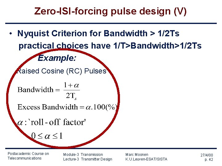 Zero-ISI-forcing pulse design (V) • Nyquist Criterion for Bandwidth > 1/2 Ts practical choices Zero-ISI-forcing pulse design (V) • Nyquist Criterion for Bandwidth > 1/2 Ts practical choices