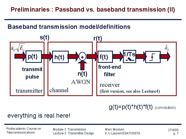 Preliminaries : Passband vs. baseband transmission (II) Baseband transmission model/definitions s(t) p(t) r(t) h(t) Preliminaries : Passband vs. baseband transmission (II) Baseband transmission model/definitions s(t) p(t) r(t) h(t)