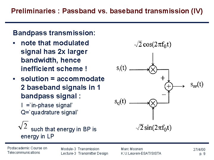 Preliminaries : Passband vs. baseband transmission (IV) Bandpass transmission: • note that modulated signal Preliminaries : Passband vs. baseband transmission (IV) Bandpass transmission: • note that modulated signal