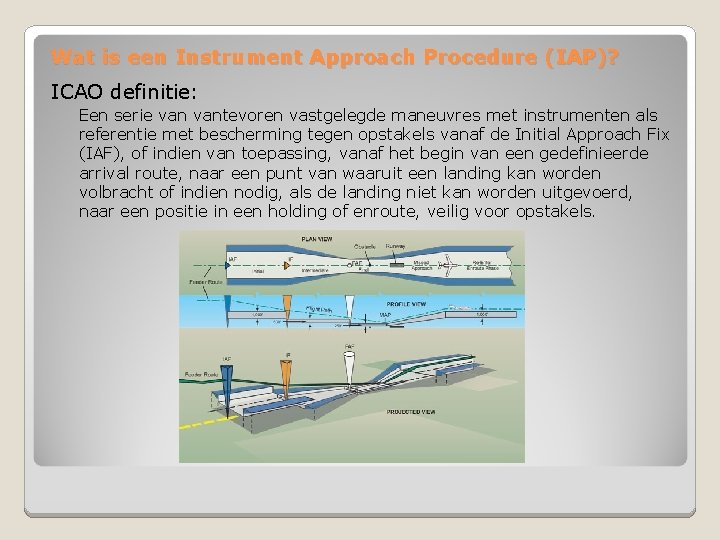 Wat is een Instrument Approach Procedure (IAP)? ICAO definitie: Een serie vantevoren vastgelegde maneuvres