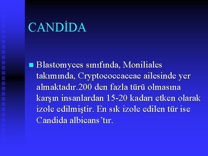 CANDİDA n Blastomyces sınıfında, Moniliales takımında, Cryptococcaceae ailesinde yer almaktadır. 200 den fazla türü