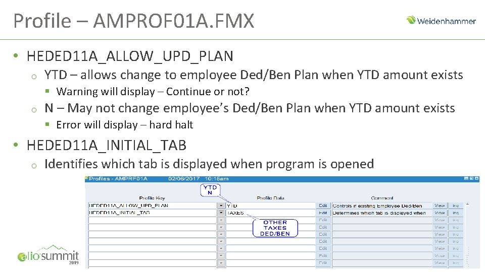 Profile – AMPROF 01 A. FMX • HEDED 11 A_ALLOW_UPD_PLAN o YTD – allows