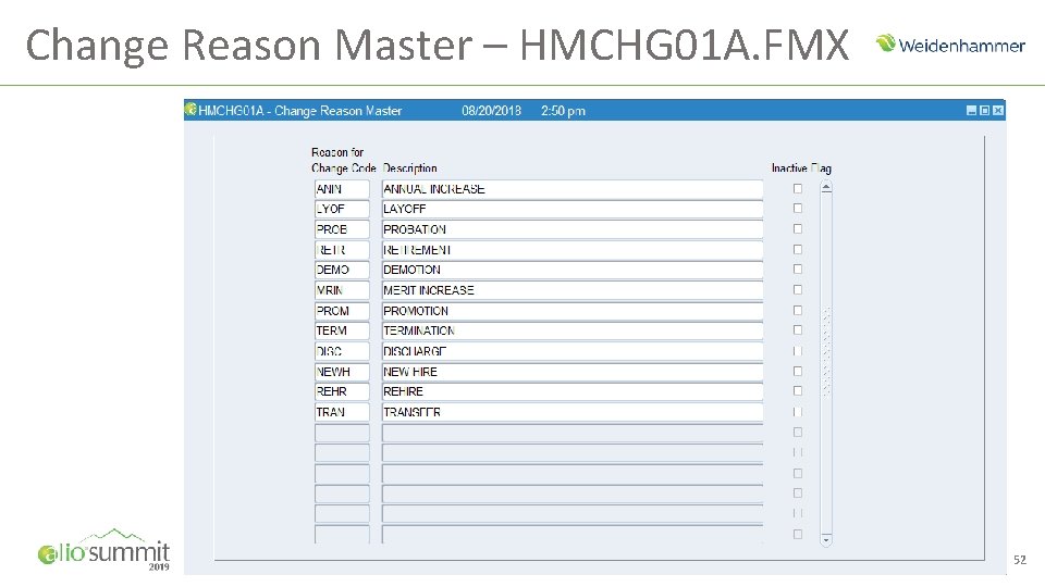 Change Reason Master – HMCHG 01 A. FMX 52 