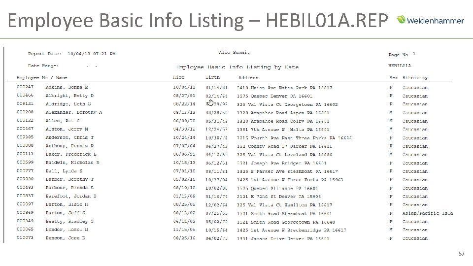 Employee Basic Info Listing – HEBIL 01 A. REP 57 