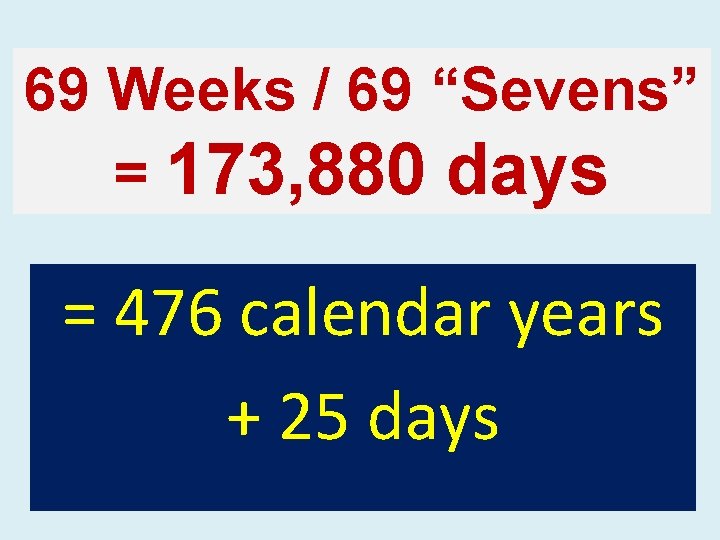 69 Weeks / 69 “Sevens” = 173, 880 days = 476 calendar years +