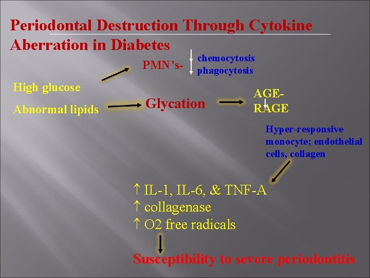 Periodontal Destruction Through Cytokine Aberration in Diabetes PMN’s- chemocytosis phagocytosis High glucose Abnormal lipids