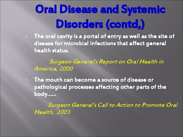 Oral Disease and Systemic Disorders (contd, ) • The oral cavity is a portal