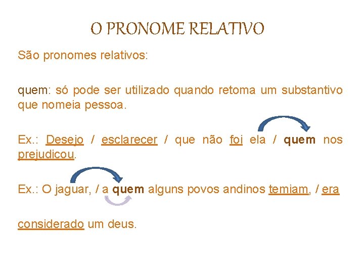 O PRONOME RELATIVO São pronomes relativos: quem: só pode ser utilizado quando retoma um