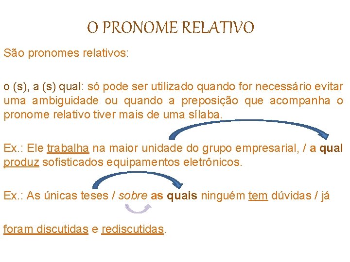 O PRONOME RELATIVO São pronomes relativos: o (s), a (s) qual: só pode ser