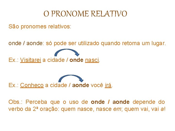 O PRONOME RELATIVO São pronomes relativos: onde / aonde: só pode ser utilizado quando