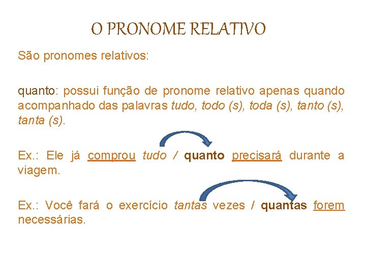O PRONOME RELATIVO São pronomes relativos: quanto: possui função de pronome relativo apenas quando