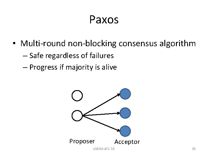 Paxos • Multi-round non-blocking consensus algorithm – Safe regardless of failures – Progress if