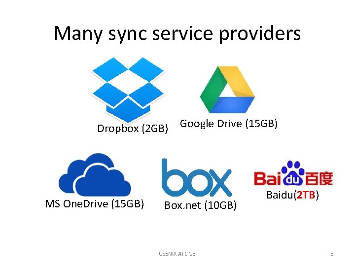 Many sync service providers Dropbox (2 GB) Google Drive (15 GB) MS One. Drive